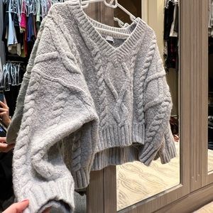 ZARA Gray/Grey Cable Knit V-Neck Cropped Sweater